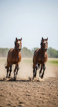 Two Horses Running on Open Field in Motion.