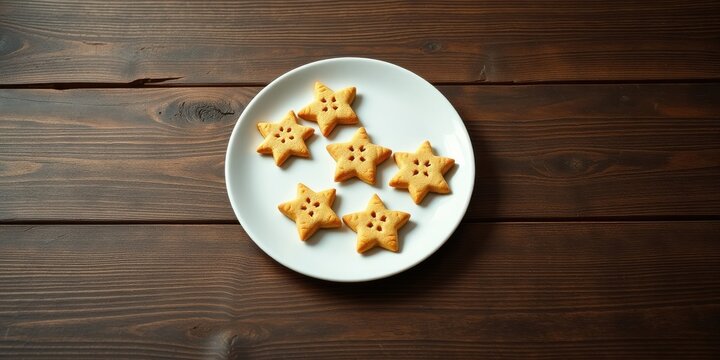 Sweet Star-Shaped Cookies on a White Plate Resting on a Dark Wooden Surface