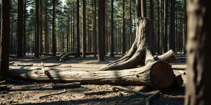Fallen logs and tree stumps in a sun-dappled pine forest
