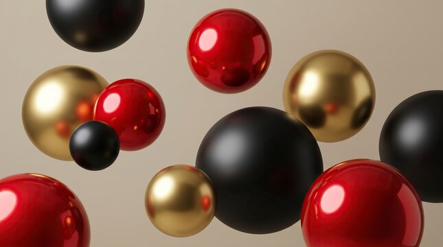 Floating glossy spheres in red, gold, and black. Abstract 3D background with luxury balls.