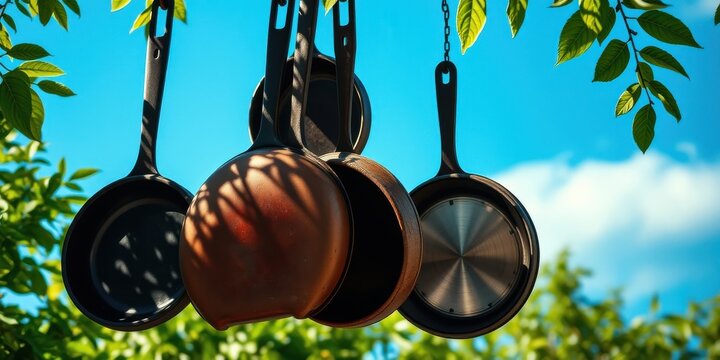 Rustic Cooking Utensils Hanging from a Tree Branch on a Sunny Day