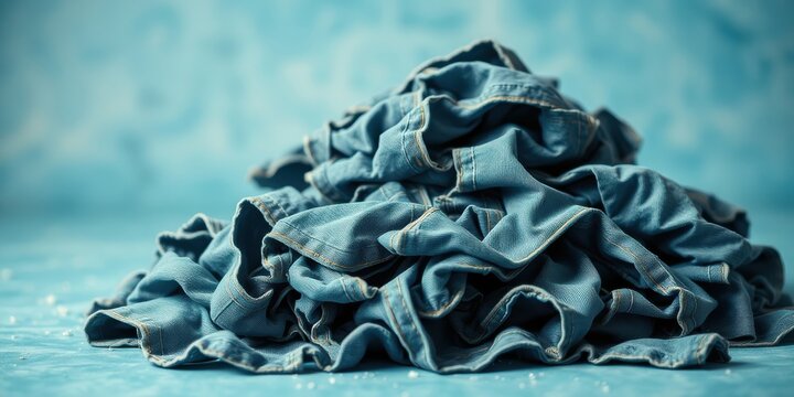 A crumpled pile of denim fabric on a blue background