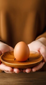 Close-up of Egg on Wooden Plate in Hands.