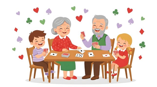 Family card game night grandparents and grandchildren enjoying a fun evening together