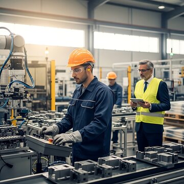 Industrial Workers Operating Machinery in Modern Factory.