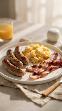 Classic breakfast plate with scrambled eggs sausages and crispy bacon strips breakfast delicious culinary nutrition homemade scrambled appetizing ingredients prepared traditional restaurant