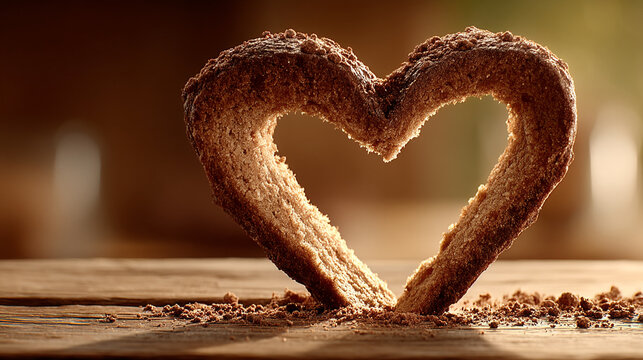 Heart shaped crusty bread piece placed on rustic wooden surface with crumbs