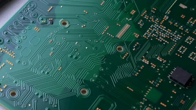 Close view of green circuit board with dense copper traces, tiny surface mounted components, plated holes, and dark chip on pale background under soft diagonal light