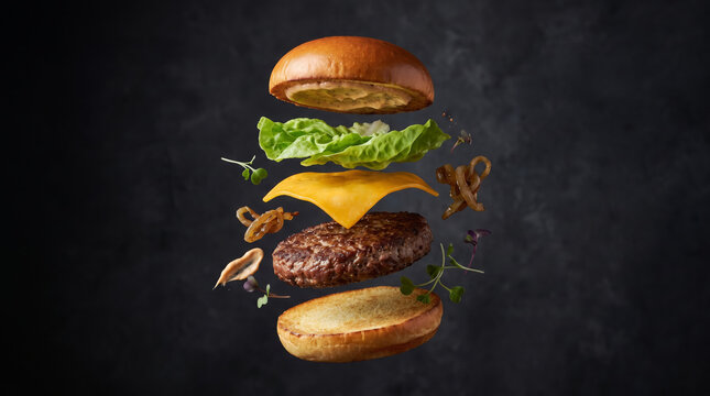 Delicious burger ingredients floating in air, High quality food photography, New trending image