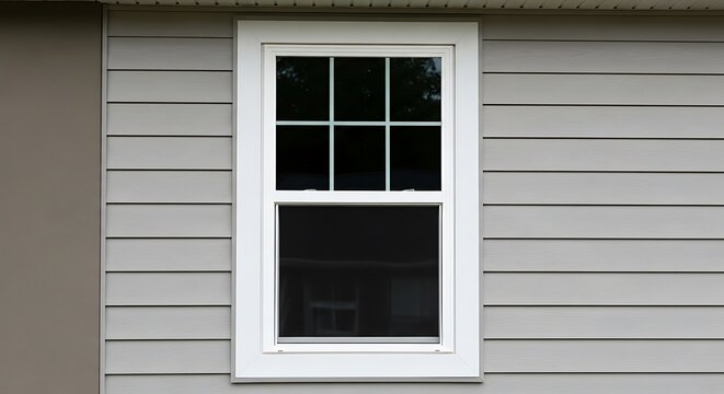 Classic White Window on Gray Siding House Exterior.