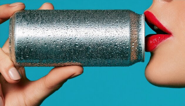 Woman drinking from a cold silver soda can with condensation