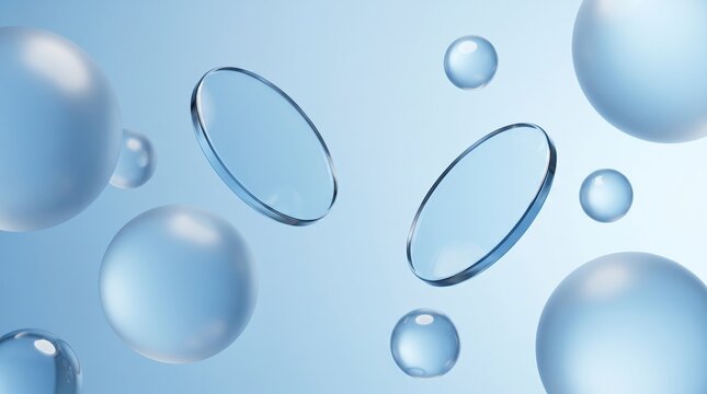 Contact lenses floating in water. Transparent optical lenses with bubbles on blue background.
