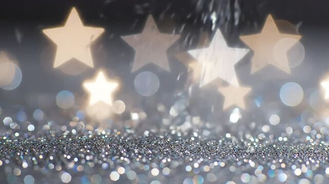 Falling silver glitter on a star sparkles bokeh background