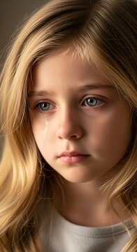 Close-up Portrait of a Thoughtful Young Girl with Blonde Hair and Blue Eyes.