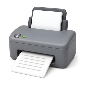grey printer with paper ejecting featuring rounded edges and simple design 3d rendering isolated on white background cartoon plastic style icon