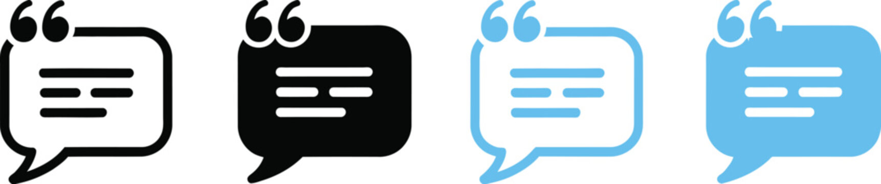 Quotation message icon featuring chat bubble and quote symbols for messaging, conversation, communication, and multiple editable vector styles.