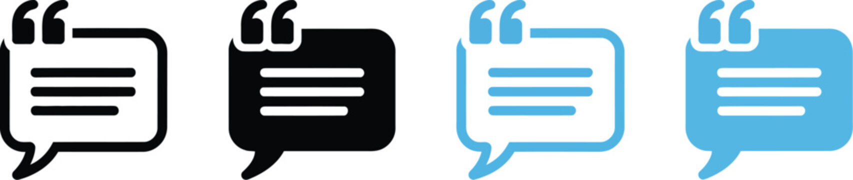 Quotation message icon featuring chat bubble and quote symbols for messaging, conversation, communication, and multiple editable vector styles.