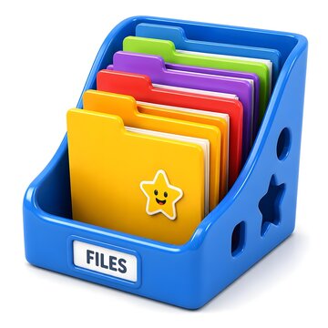 blue file organizer tray with colorful folders  3d rendering isolated on white background cartoon plastic style icon