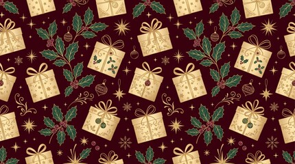 Fototapeta premium Classic Vintage Christmas Seamless Pattern with Gold Gift Boxes and Holly Leaves on Maroon Background