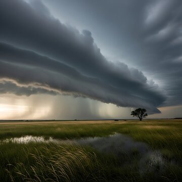 Dramatic Storm Clouds Over Open Landscape with Single Tree.