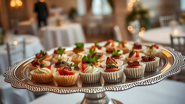 Elegant silver platter with gourmet appetizers arranged symmetrically, softly illuminated to highlight their textures.