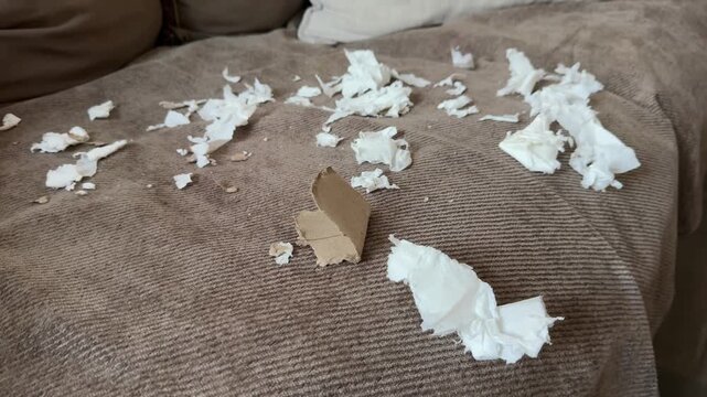Torn toilet paper mess on couch, video
