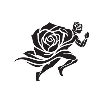 Black and white running man silhouette with beautiful rose flower body tattoo. 