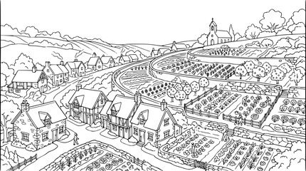 Fototapeta premium Village landscape coloring page with farm houses and terraced gardens