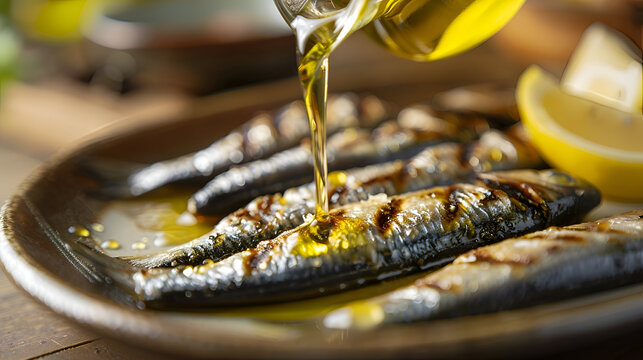 Grilled sardines drizzled with olive oil and lemon on a rustic plate