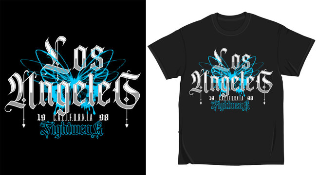 Los angeles california 1998 streetwear tshirt design with butterfly graphic, gothic typography, and urban aesthetic for apparel printing