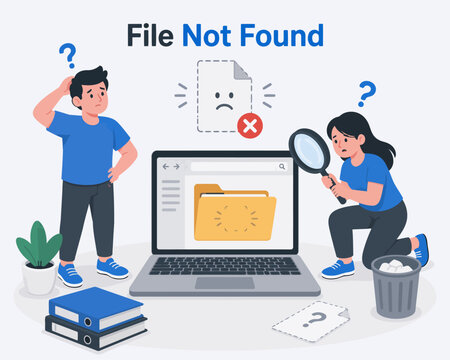 File Not Found Error Concept with People Searching Missing Documents on Laptop Flat Vector Illustration