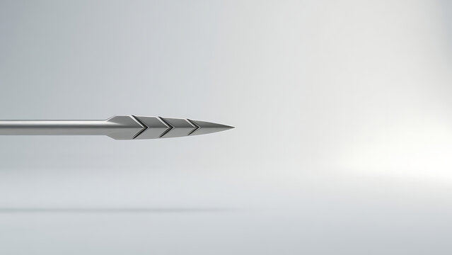 Close up metallic arrow head abstract design detail on a plain background.