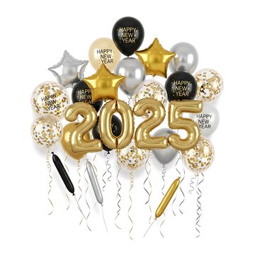 Festive New Year 2025 Celebration Balloons and Decorations.