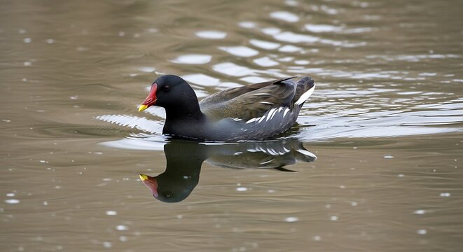 Black Duck Swimming in Calm Water Nature Scene.