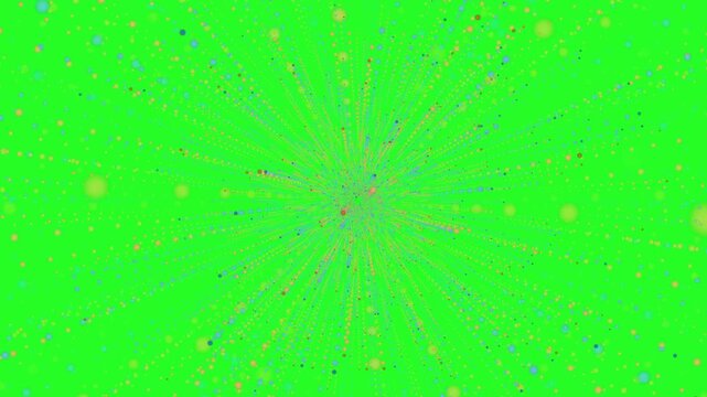Colorful particles explode outward from a central point on a green screen in a vibrant 3D animation loop perfect for creative landing page hero sections