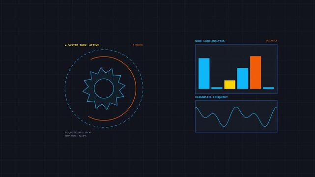 Futuristic flat vector motion HUD dashboard with digital gear icon and data analytics visualization charts