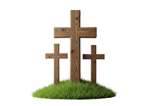 Three weathered wooden crosses of varying heights on a green grass mound isolated against a transparent background with watercolor art peaceful spiritual concept