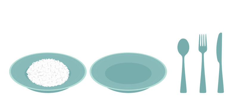 Cute dinnerware collection featuring rice on a plate, empty plate, spoon, fork, and knife in minimalist flat vector style for restaurant menus, food packaging, kitchen icons, and culinary design.