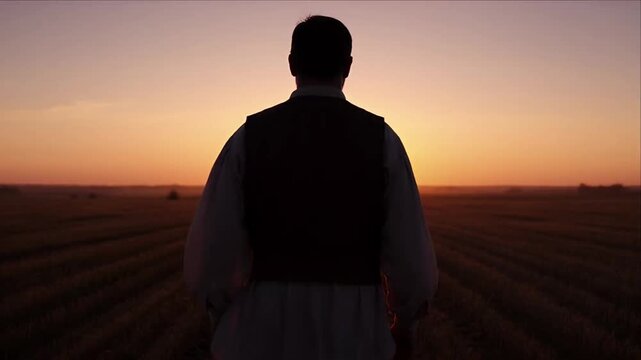 Back view silhouette farmer standing in field at sunset with rural landscape horizon warm sky and dusk agriculture crop countryside alone farm nature outdoor twilight evening row soil harvest
