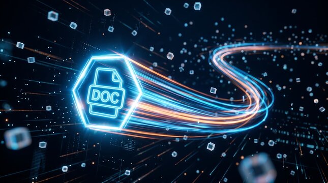 Glowing doc file icon centered in high speed digital data stream representing secure document storage and cloud based computing solutions