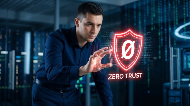 IT engineer interacting with a glowing zero trust shield hologram in a secure server room for advanced cybersecurity and data protection