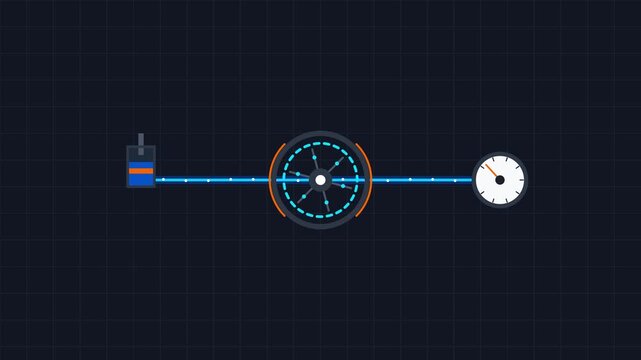 Flat vector motion schematic of industrial hydraulic system flow with piston valve and pressure gauge sensor on grid background