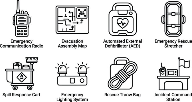 Emergency Response Equipment Vector Set Featuring Communication, Rescue, and Safety Tools