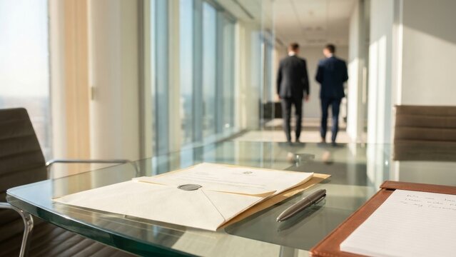 Business - Legal Documents with Wax Seal on Glass Desk in Modern Office Corridor with Two Executives Walking Away