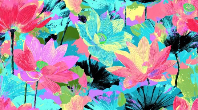 Vibrant abstract floral pattern with colorful painted lotus flowers on bright background.