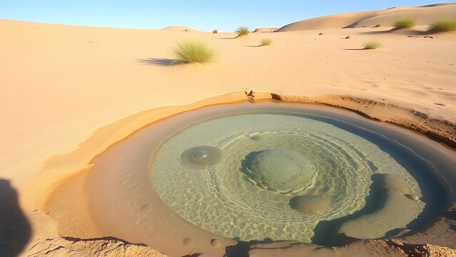 Desert oasis with a clear natural spring forming a small, pristine pool.