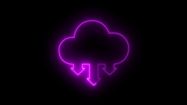 Neon purple cloud computing with downward arrows, digital data download concept, glowing tech on black background.