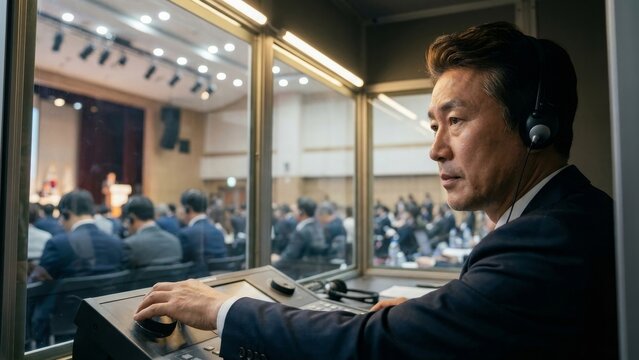 Conference - Asian Male Interpreter Working in Soundproof Booth During International Conference with Headset and Control Panel