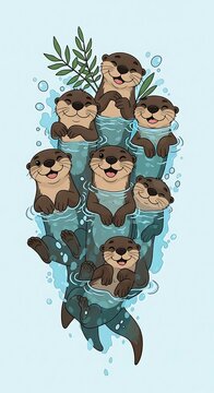 Cute Cartoon Otters Swimming in Water Group Illustration.