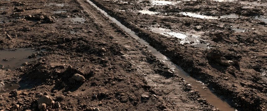 Muddy uneven terrain with deep tire tracks and puddles in brown earth
